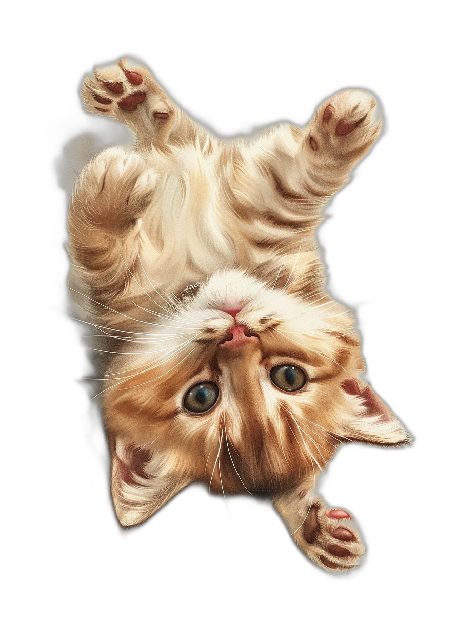 Realistic adorable cat in an upside down, playful pose in the style of cartoon, adorable, realistic airbrushed illustration isolated on a black background.