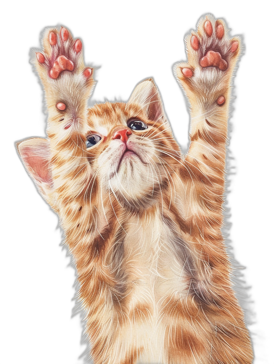 Cute orange cat, reaching up with two paws to the sky, detailed fur texture, realistic style, drawing on black background, bright colors, high resolution, professional photograph