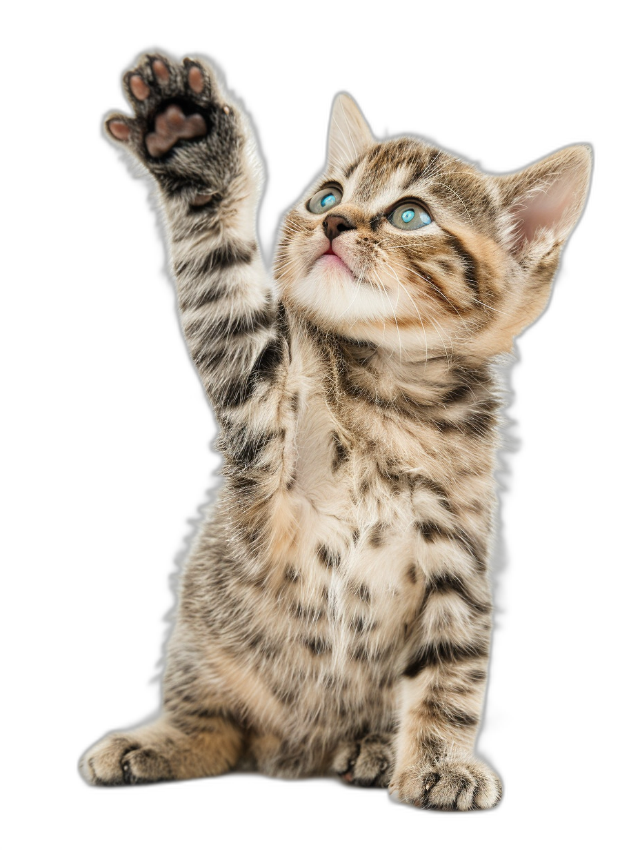 Cute Kitten with open paw reaching up to the sky, isolated on black background, high resolution photorealistic