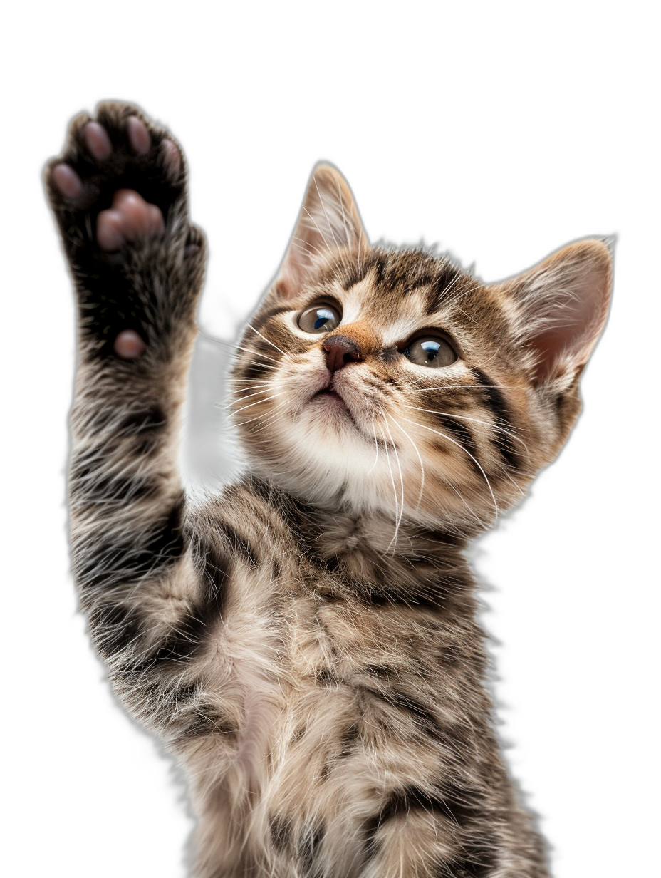 A cute kitten is reaching up with its front paws against a black background in a studio photography setting, with high resolution and insanely detailed photography in the style of an award winning photo.