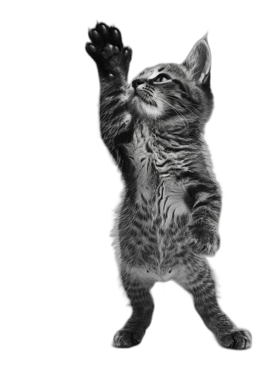 A playful kitten standing on its hind legs, playfully waving with one paw isolated black background. High contrast monochrome, sharp details.