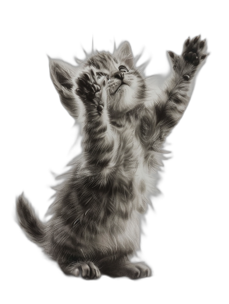 A cute kitten standing on its hind legs, reaching up with one paw to touch the sky, drawn in pencil with soft shading and highlights against a black background, capturing movement and playfulness, in the style of hyper realistic with high resolution and high detail.