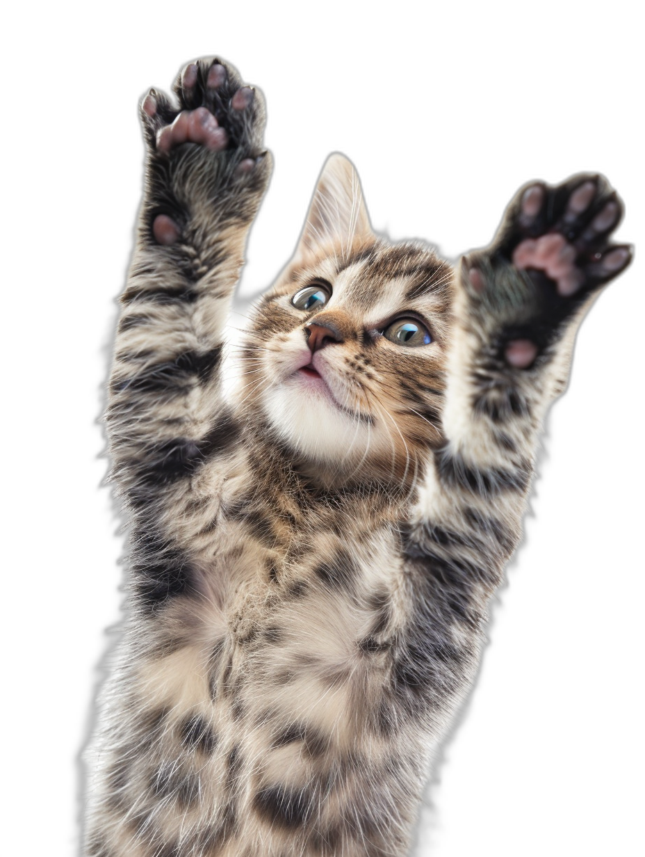 a photo of happy cute kitten, reaching up with his paws to the sky, isolated on black background, full body shot