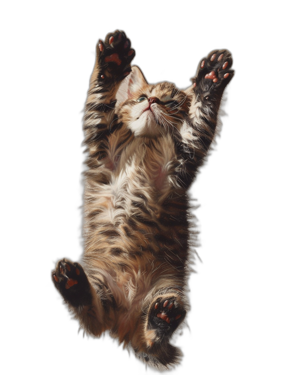 A cute kitten is falling upside down from the sky, with its paws raised high and body curved like an arch on black background, photorealistic