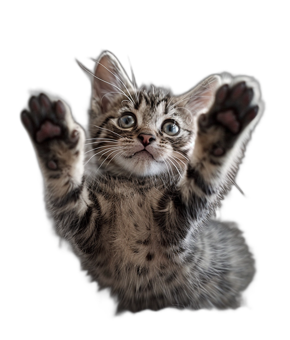 photorealistic photo of an adorable kitten with paws raised in the air, isolated on black background