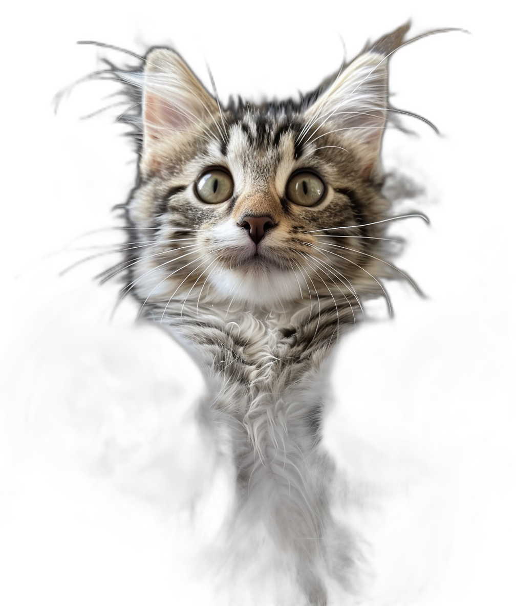 Photorealistic portrait of an adorable Maine kitten, with soft fur, white and grey tabby with black spots, and curious eyes looking up at the camera, on a black background, with blurred motion and rim lighting, in a full body shot, symmetrical headshot, backlit.