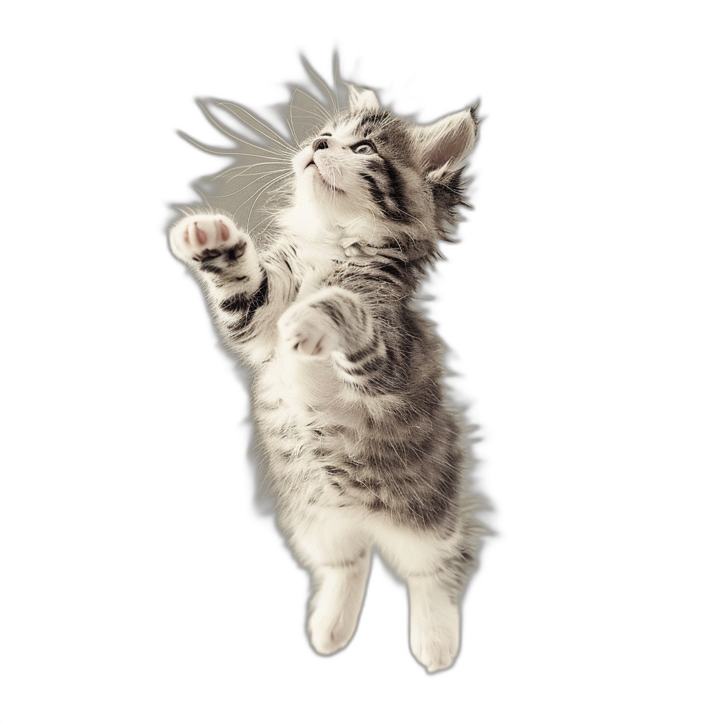 A cute kitten jumping in the air with its front paws outstretched and looking up at something on a black background, in the photorealistic style of hyper realistic with a full body shot, high resolution photography, insanely detailed with fine details, isolated on a plain background with stock photo quality.