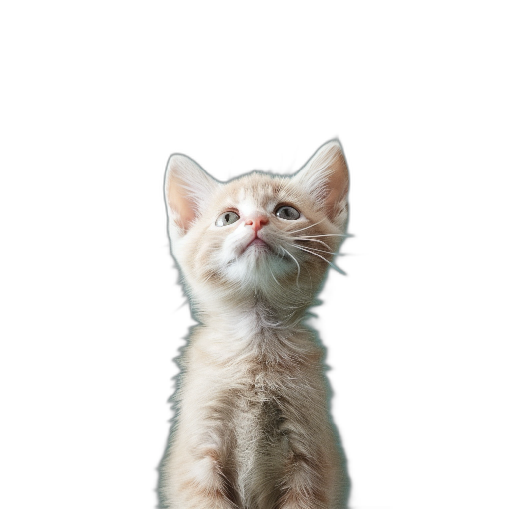 A cute cream-colored kitten looking up against a solid black background in a studio photography portrait shot.