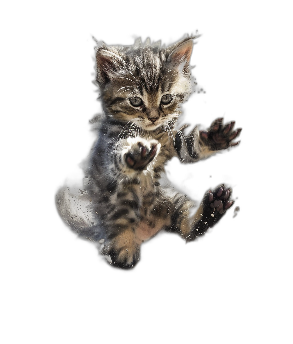 A cute kitten hovering in the air with its front paws outstretched, front view against a pure black background, with realistic photographic details and high definition, in the style of photography.