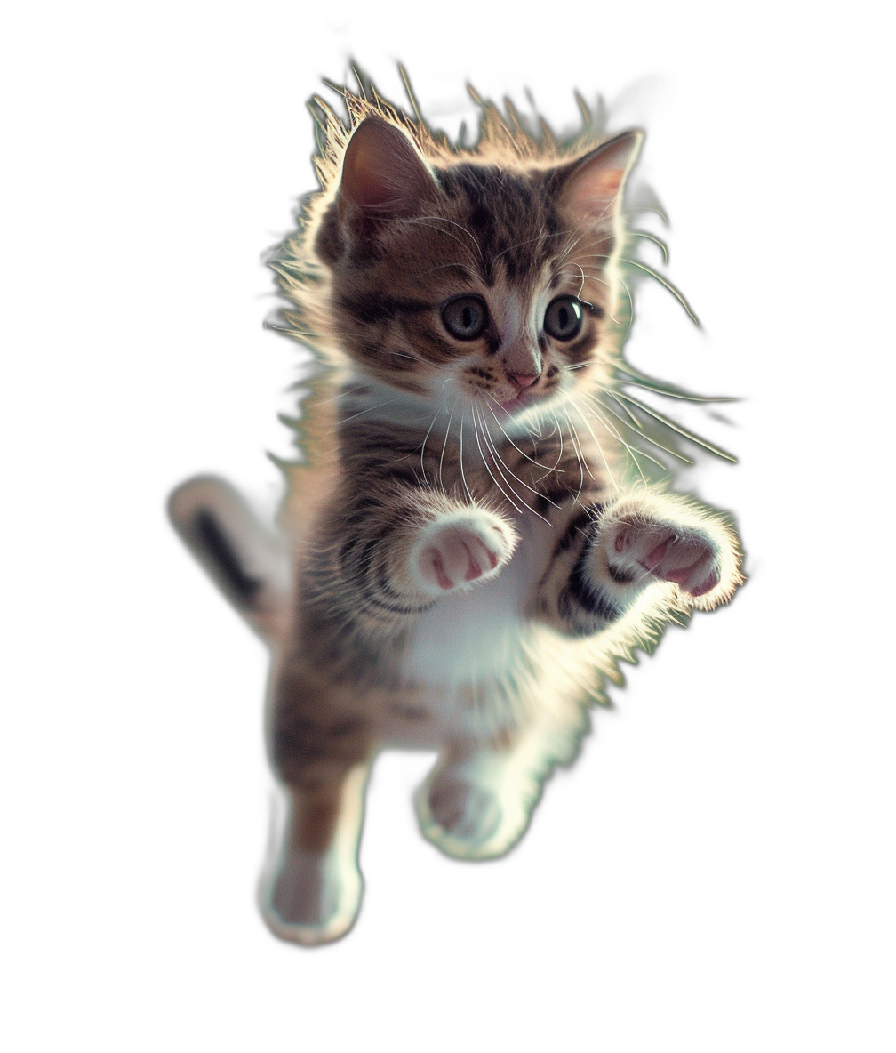 A cute kitten, jumping in the air with its front paws outstretched and back feet raised high, is captured from below on black background, hyperrealistic photo, raw style