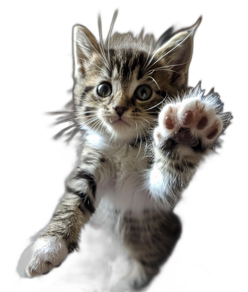 Cute kitten reaching out with its front paws on a black background with studio lighting. The photo has fine details and is insanely detailed and intricate. Isolated on a solid color background, this high quality professional photograph is in the style of HDR photography with high resolution.