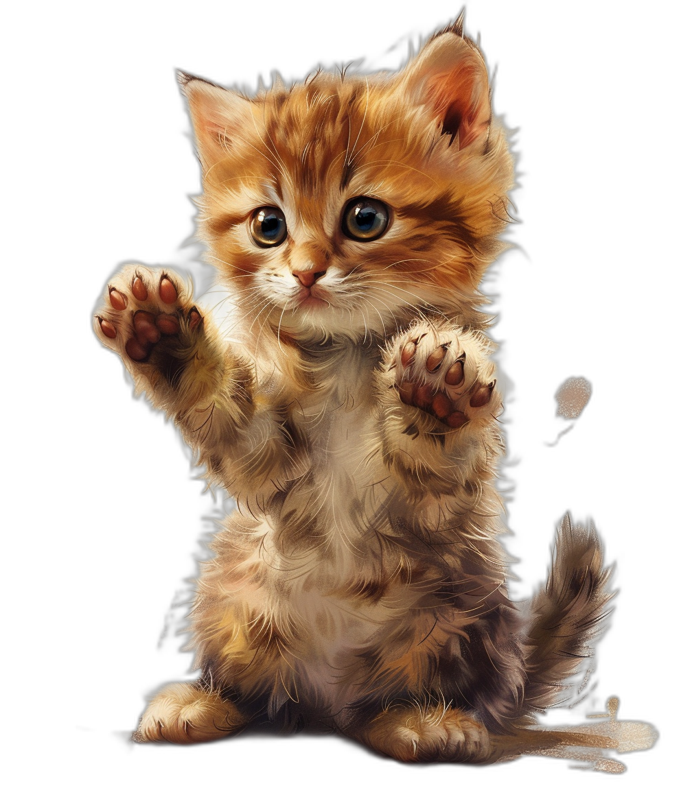 illustration of cute ginger kitten sitting on its hind legs and waving with his front paws, isolated black background, high detail, digital art style