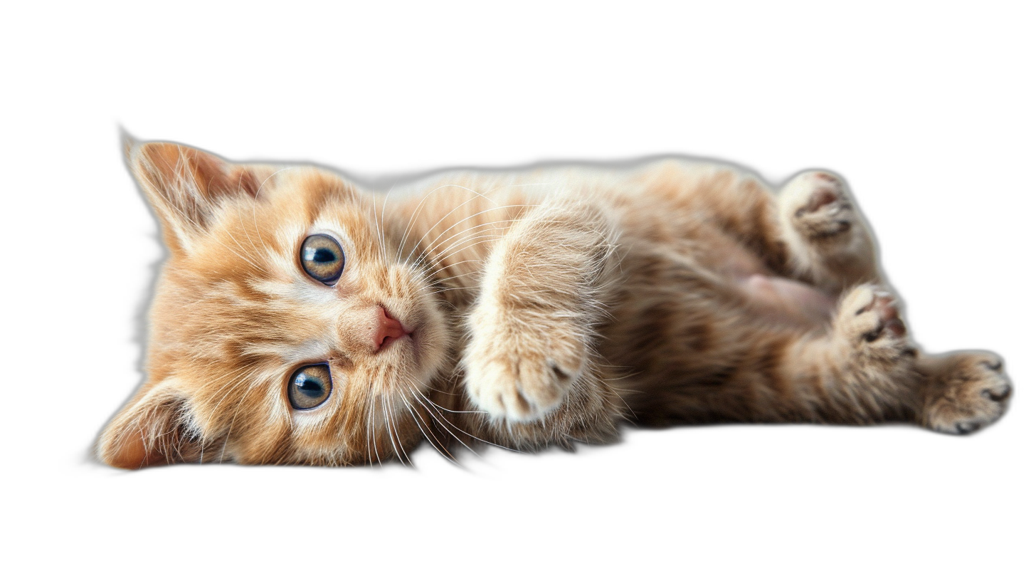 Cute orange kitten lying on its back on an isolated black background, photographed from above, in the style of photorealistic, high resolution.