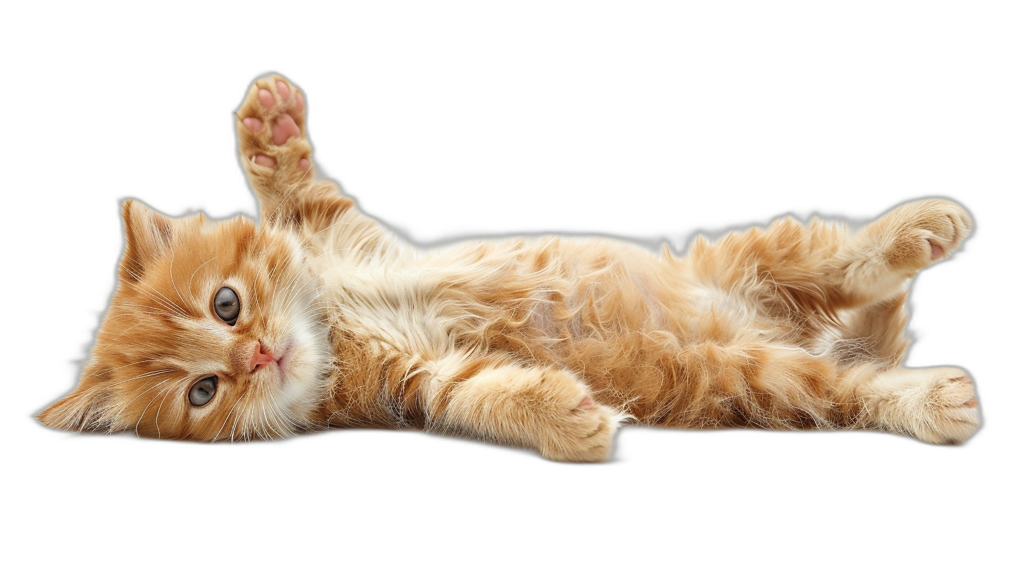 photorealistic full body portrait of cute orange kitten lying on back, paws up in the air isolated on black background