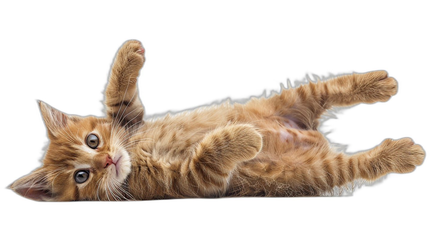 A cute ginger cat lying on its back, playing with its paws in the air against an isolated black background, rendered in a photorealistic style.