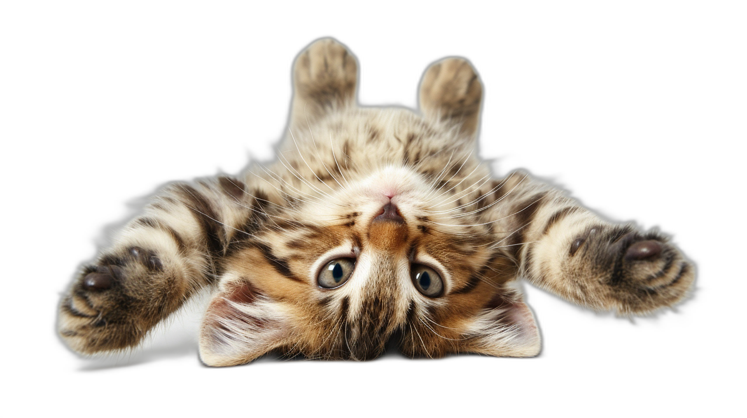 Cute Kitten upside down on the floor, funny and cute, isolated black background, in the style of high definition photography.