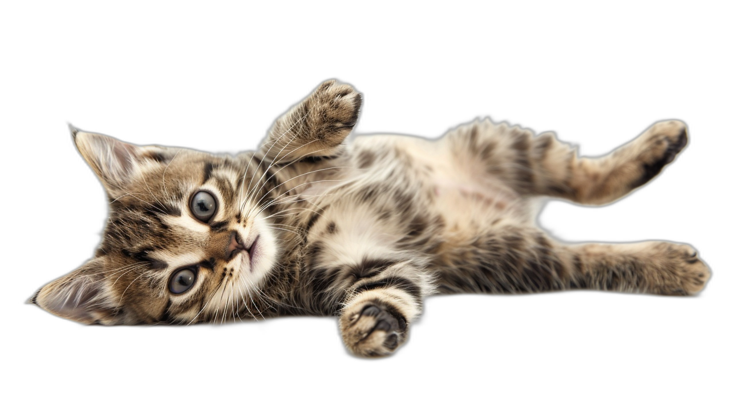 A playful kitten lying on its back, with one leg raised in the air and eyes wide open against black background, photorealistic rendering, full body shot, top view