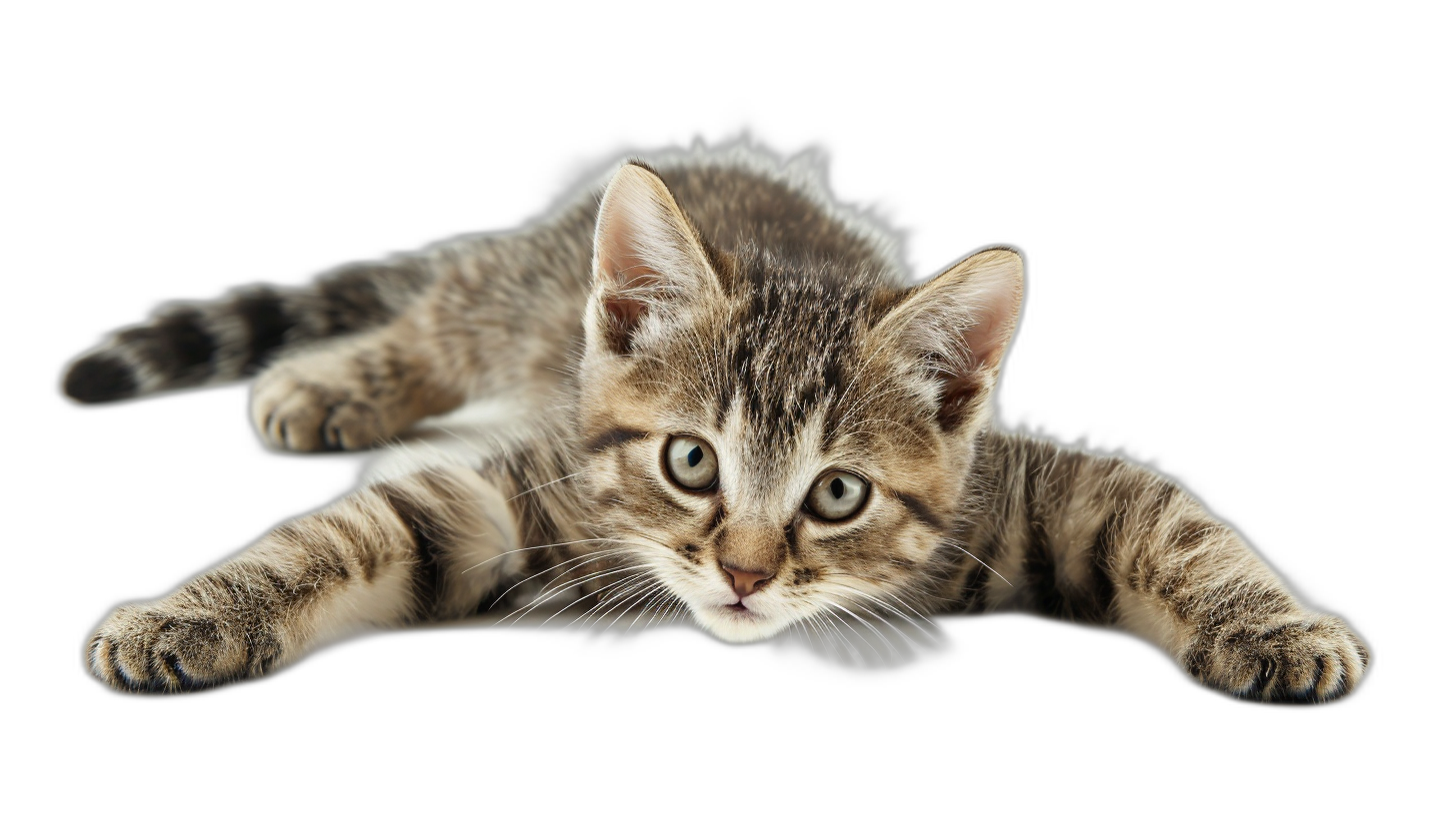 Cute playful kitten lying on its back isolated over a black background, in a full body, high detail, super realistic photo style.