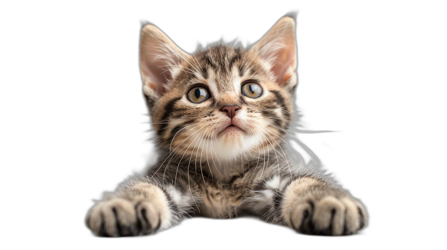 Cute kitten looking up, paws hanging down, black background, high definition photography, in the style of super resolution