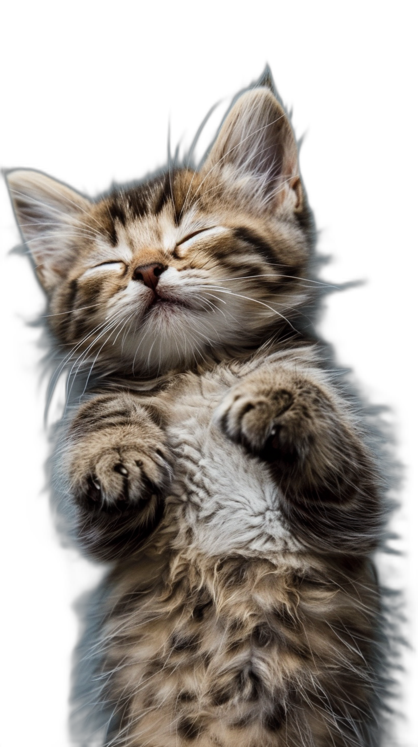 A cute kitten with a happy expression in a full body photo is smiling and stretching its hands up in the air to fall asleep on its back against a black background. The real photography shows high definition details in the style of real photography.