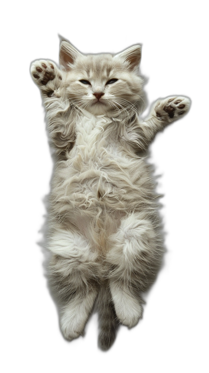 White longhaired cat, with a cute and happy expression, floating in the air with its two front paws hanging up high on a black background, shot from bottom to top in the style of photorealistic photography, with soft light and ultrahigh definition details in high resolution.