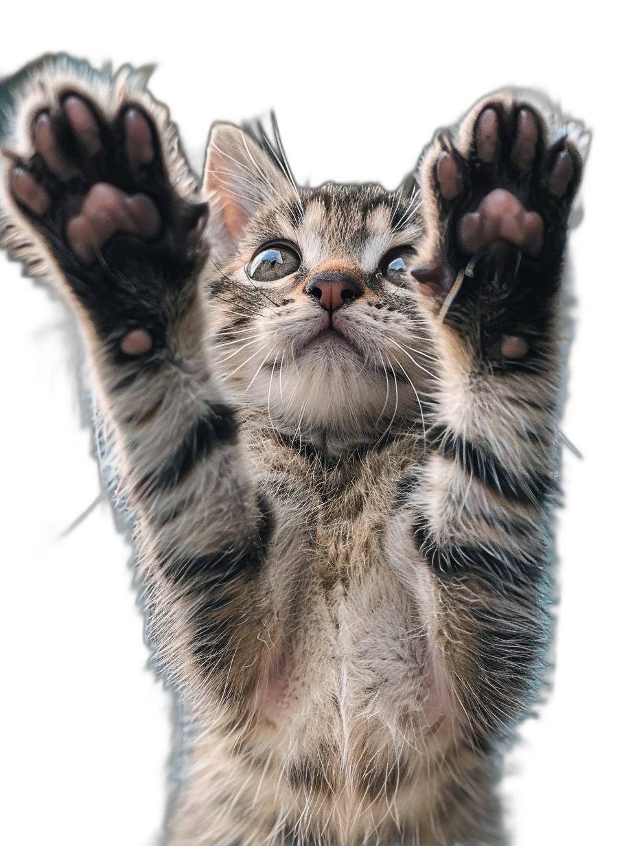 photorealistic cute kitten with big paws and raised head reaching for the sky, on a black background, shot from below, looking up at the camera, symmetrical.