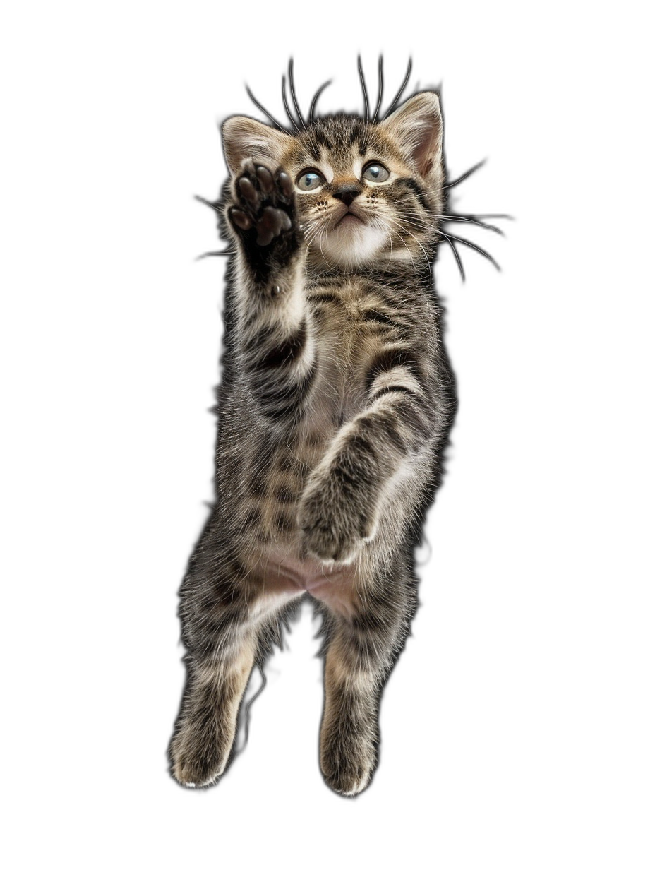 A cute kitten is jumping up, holding its paws high in the air, with its front feet facing upwards and back legs on a black background, shot from bottom to top in the style of real photography, with high definition details.