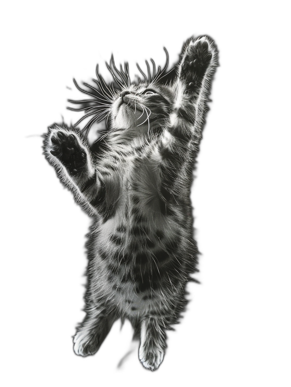 Photonegative refractograph of an American Shorthair kitten jumping in the air with its back to the camera, eyes closed, arms outstretched against a black background in grayscale.