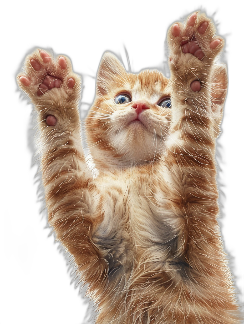 A cute orange cat, hands raised in the air, with a very happy expression, on a black background, in the style of realistic photography, cute and dreamy.