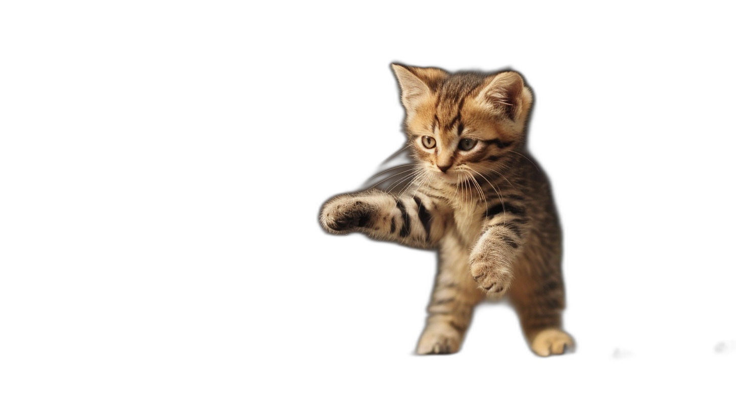 kitten doing karate kick on black background, high definition photography of cute kitten playing and jumping in the air, funny animal wallpaper, studio light, high resolution, super realistic