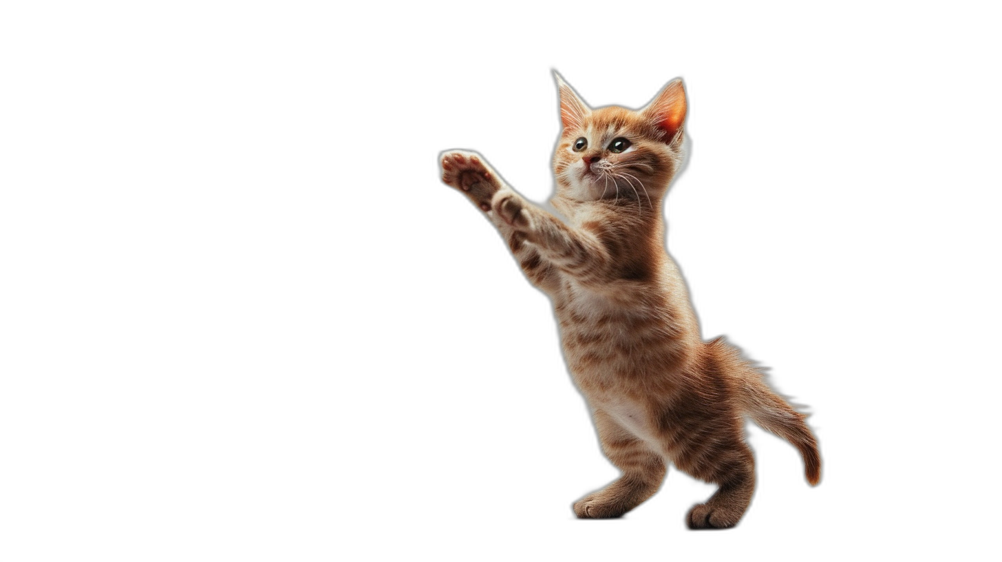 Cute cat playing, standing on hind legs and waving its paw isolated black background