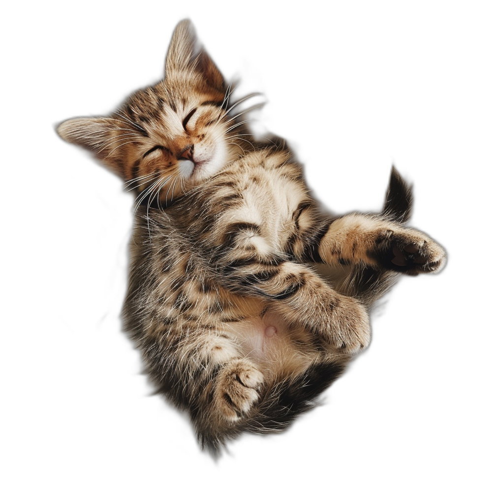 A playful kitten sleeping on its back, floating in the air against a black background, cute and adorable, highly detailed, with high resolution, in the style of unknown artist.