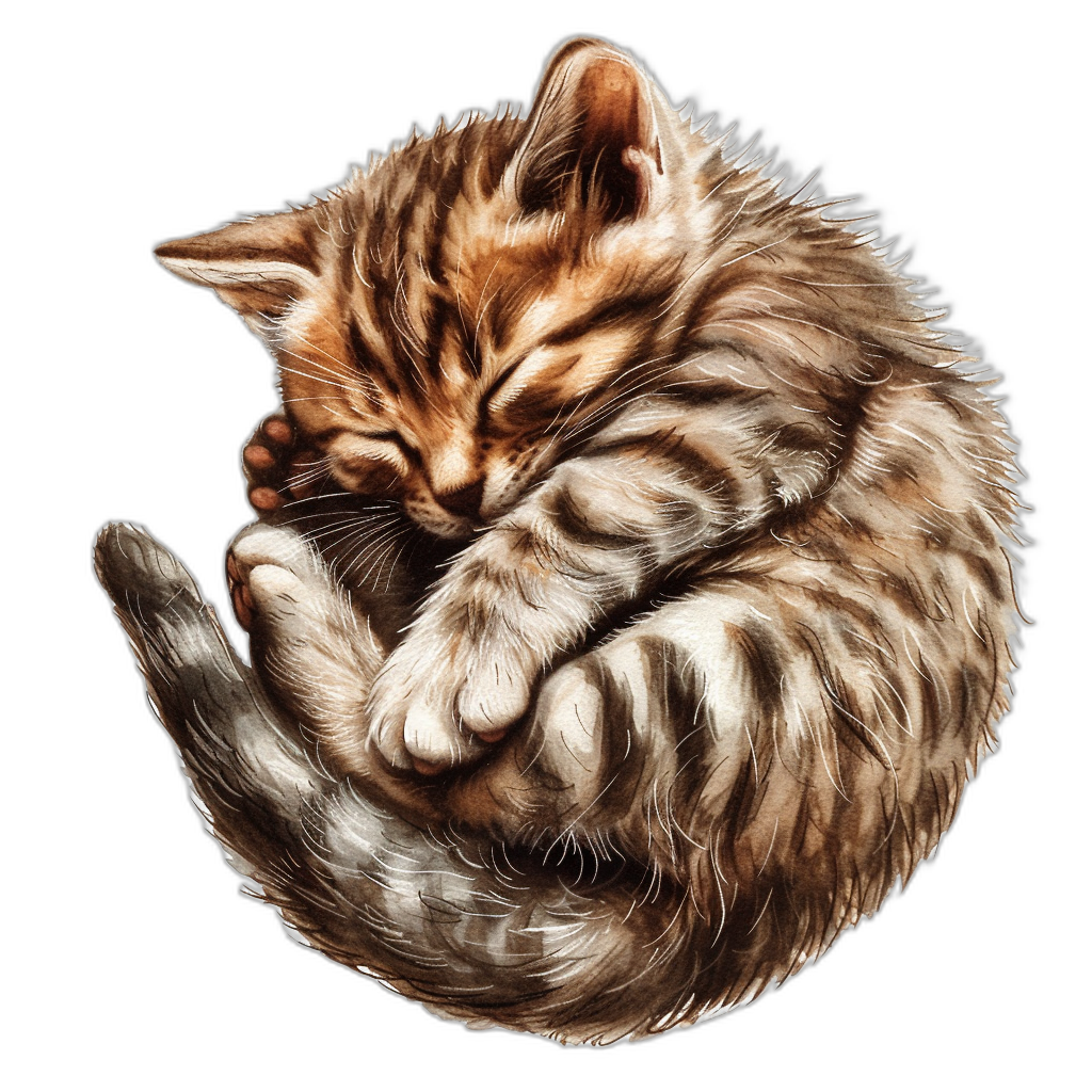 a realistic digital illustration of an adorable cat curled up in the palm of your hand, isolated on black background, tshirt design style