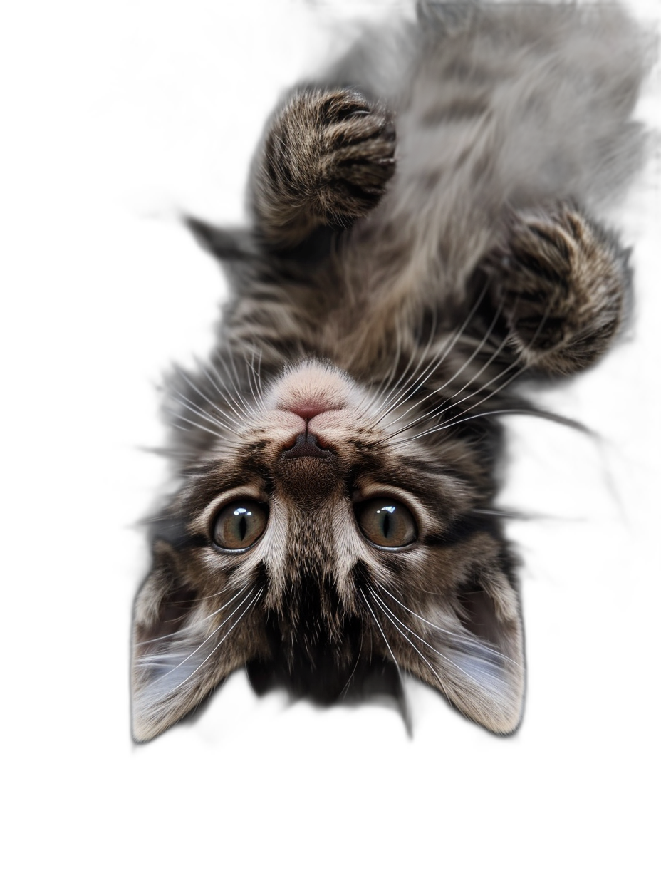 A cute kitten hanging upside down on a black background in the style of portrait photography in high definition.