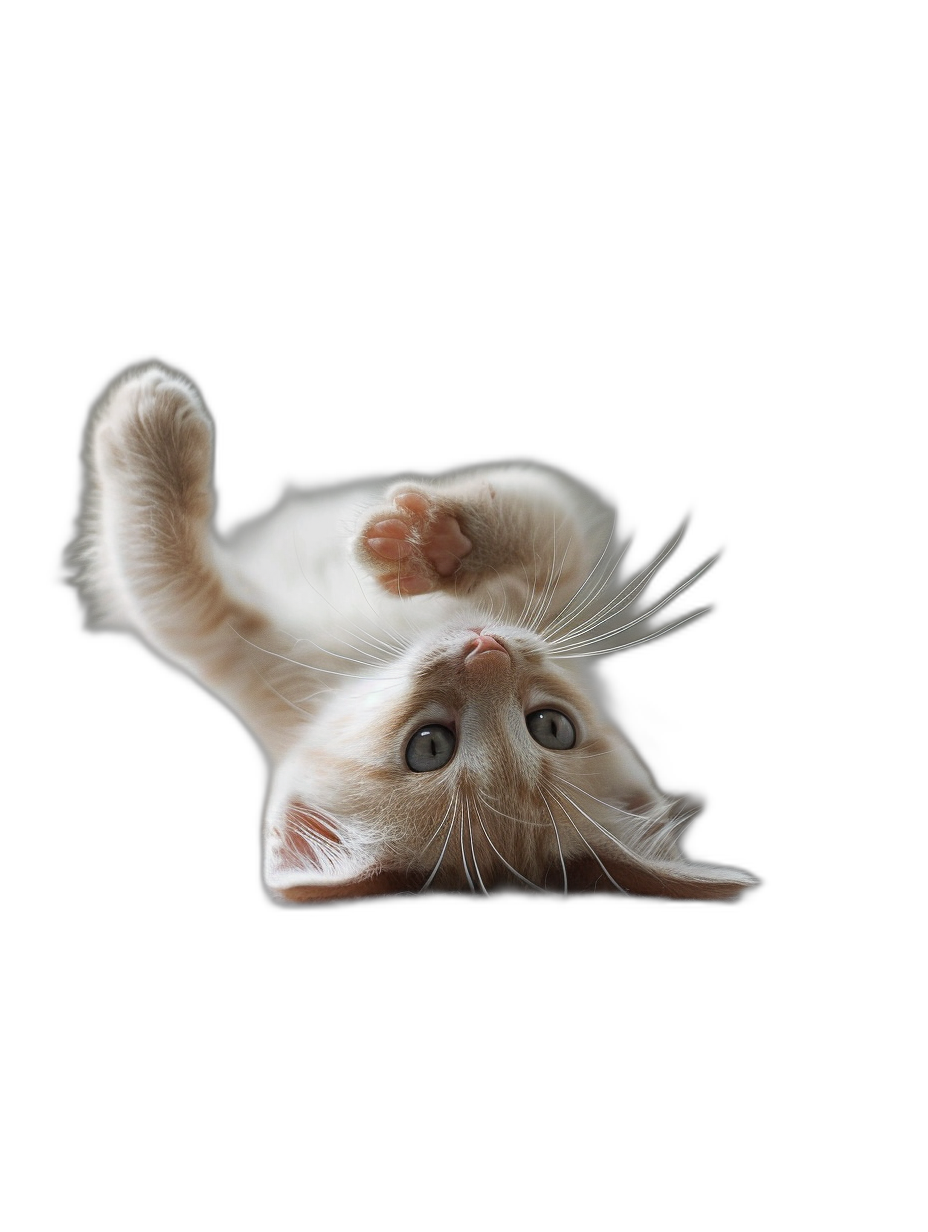 A white kitten is playing upside down on a black background in the style of a professional photography award-winning photo in competition of cinematography. The photo is highly detailed in the style of studio light.