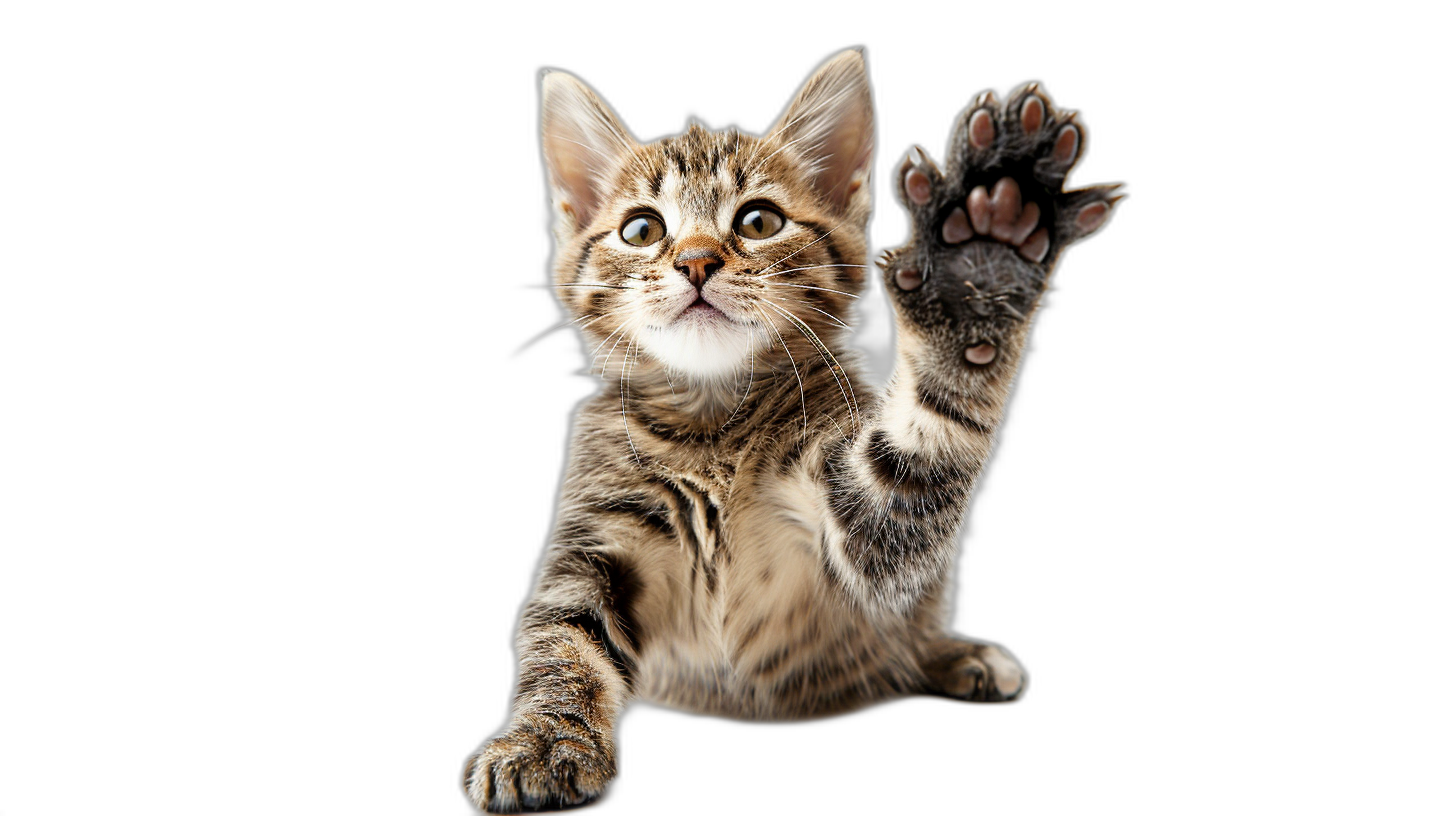 A cute cat is reaching up with its paw, isolated on black background. A happy playful tabby kitten giving high five to the camera. Cat in action pose.