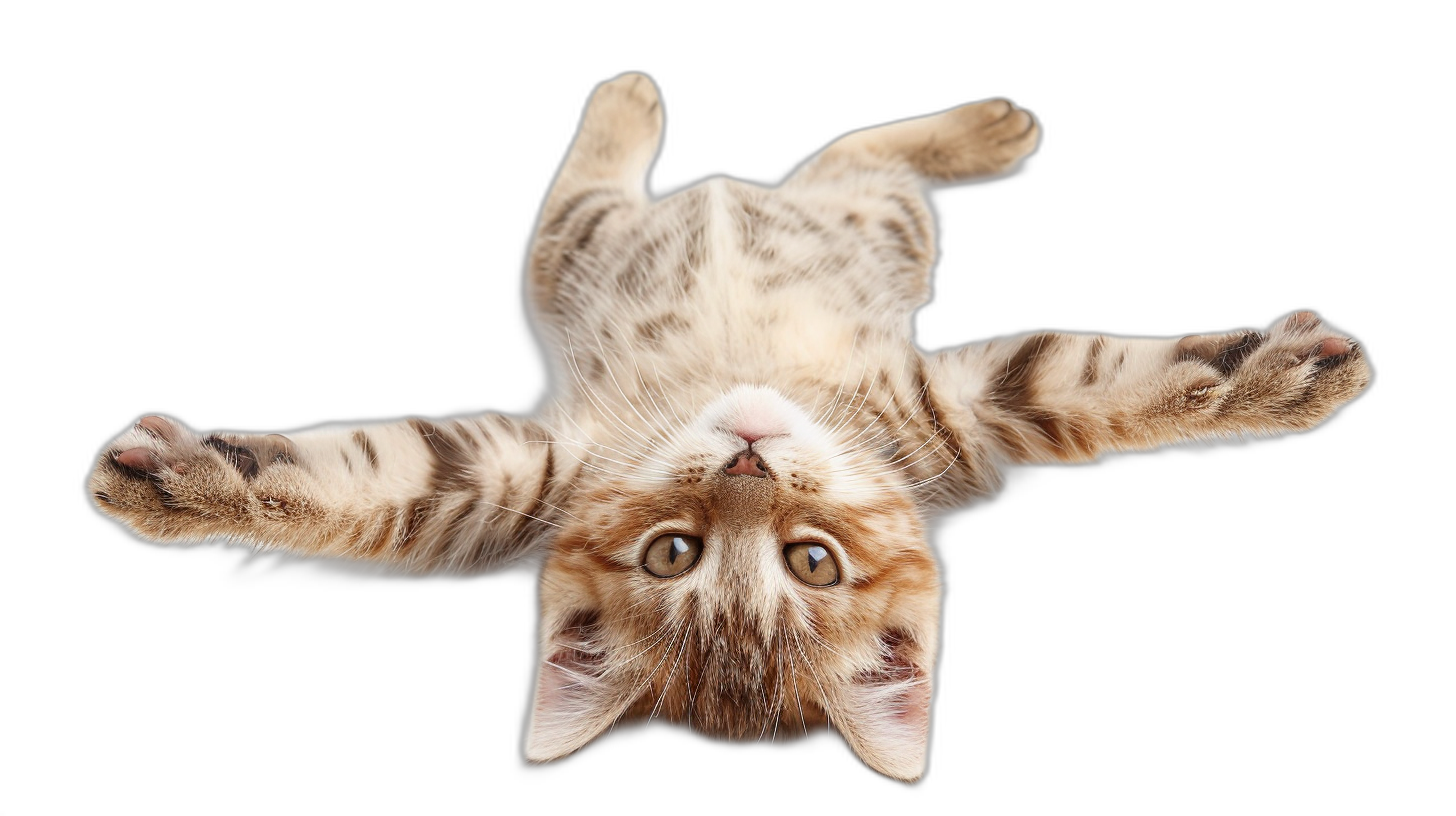 A playful cat lying upside down, isolated on black background with clipping path. The top view of the happy cute kitten in full body is floating and looking up at camera.