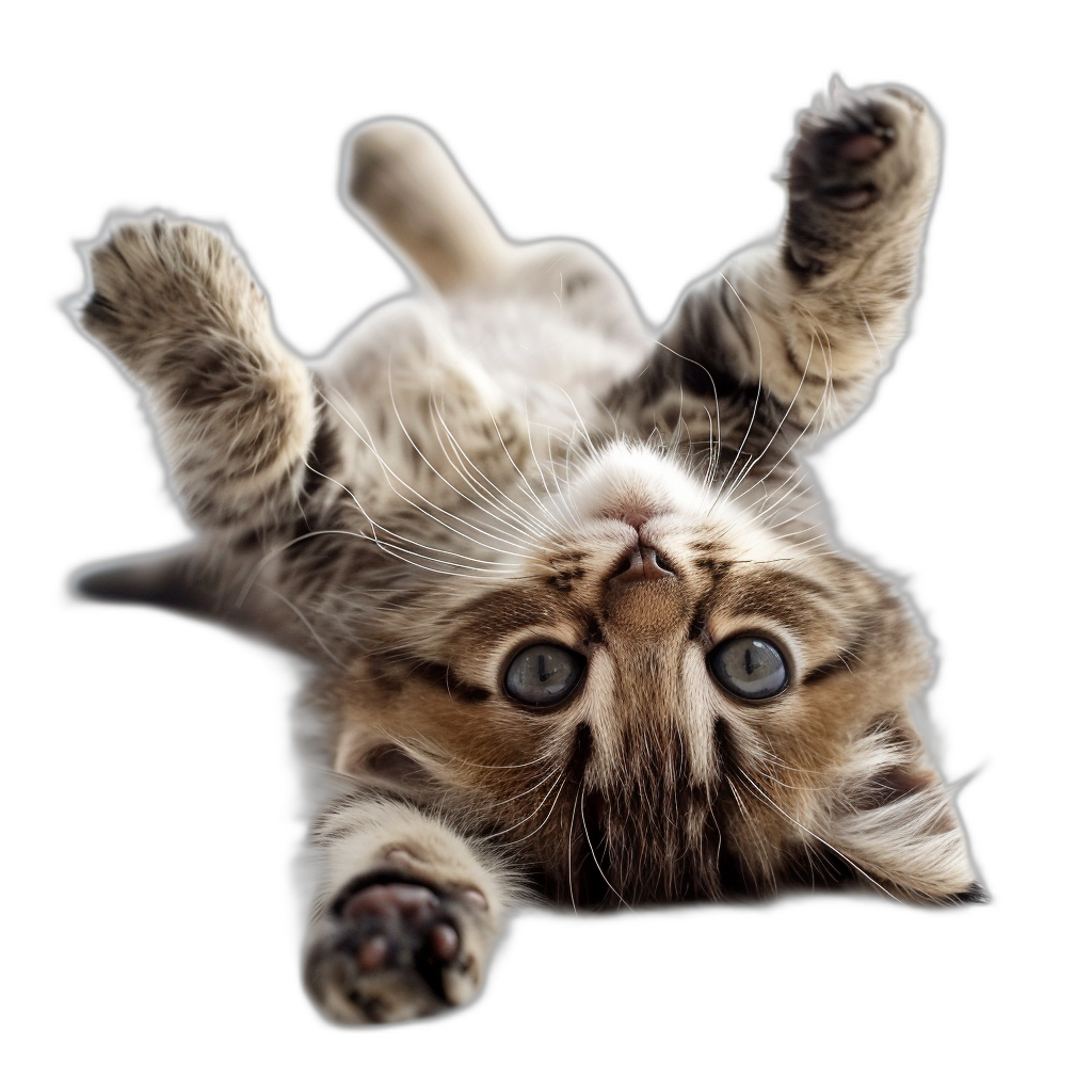 photorealistic photo of an adorable cat floating upside down, black background