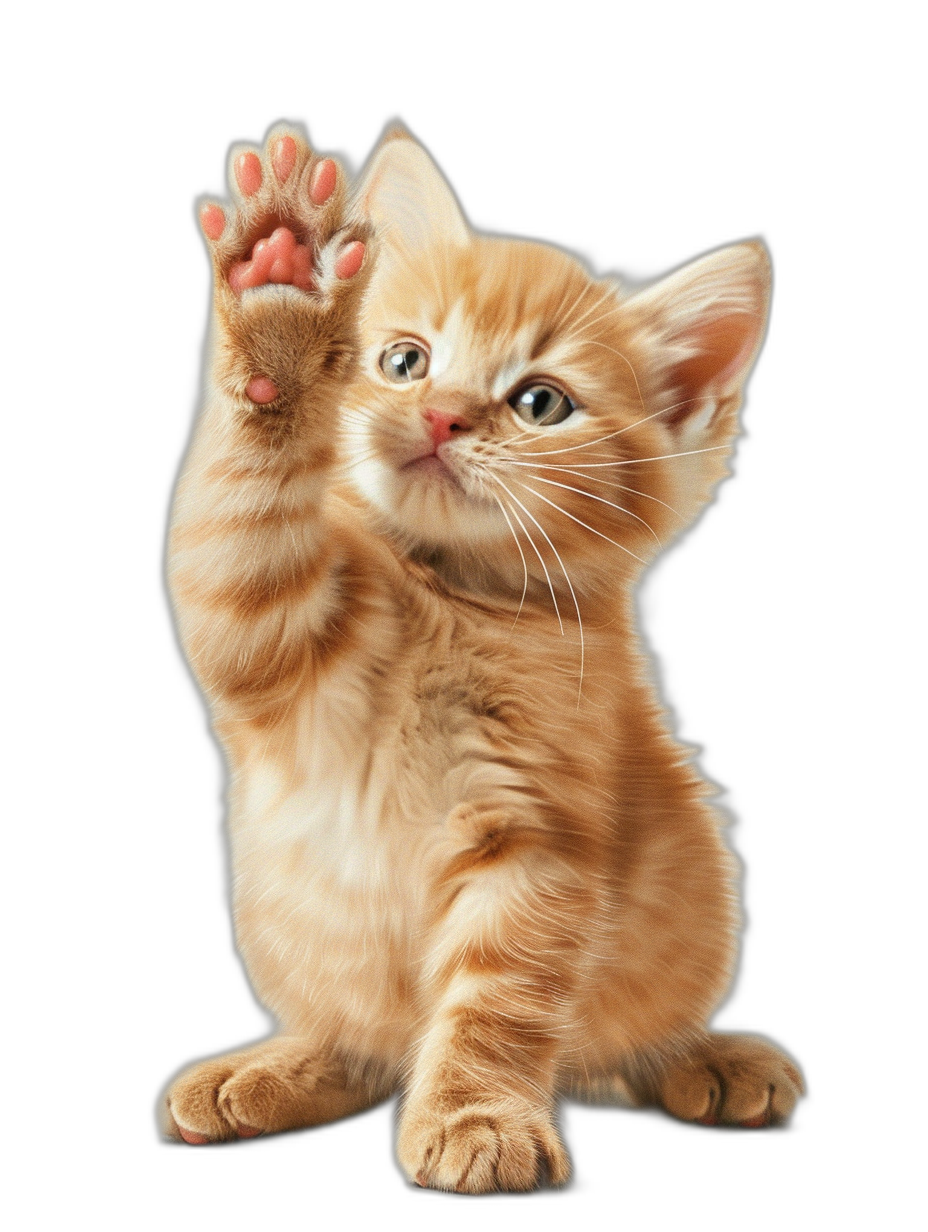 Cute orange kitten, reaching up with its paw to high five, isolated on a black background, 3D illustrated in the style of illustration.