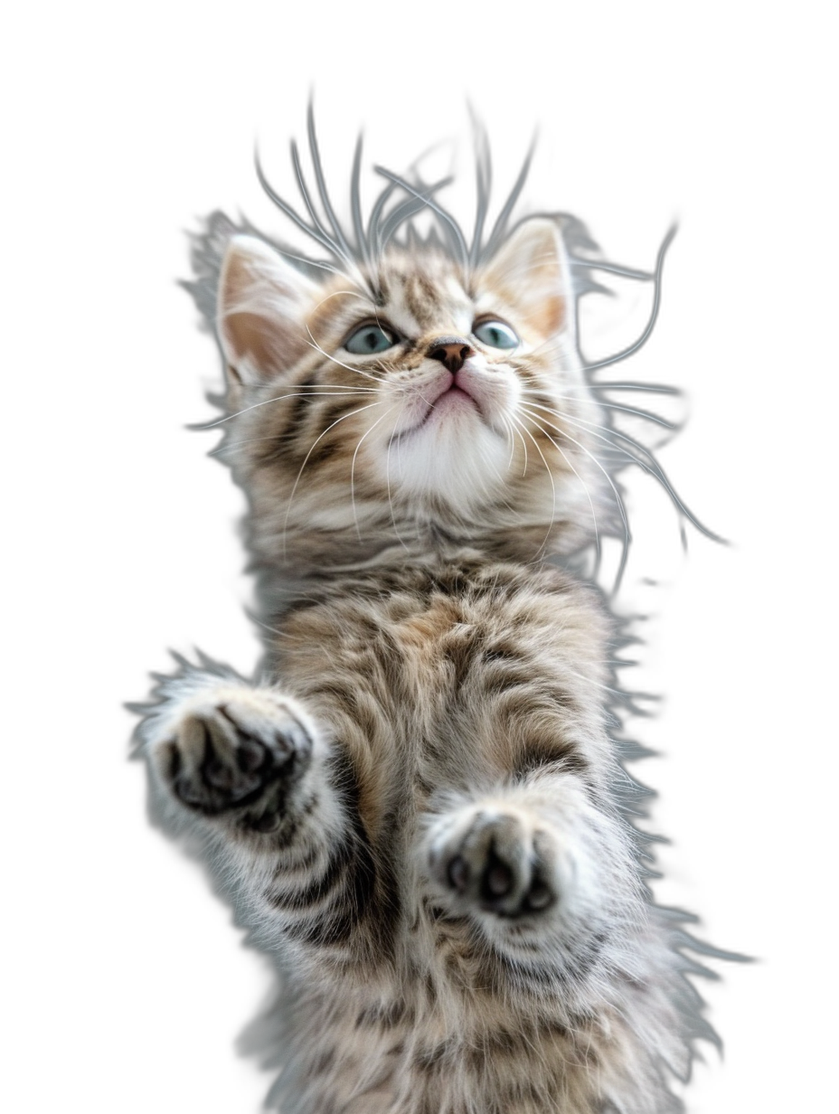 A cute kitten, standing on its hind legs and reaching up with both front paws to the sky, on a black background, photographed in the style of macro lens, high definition photography.