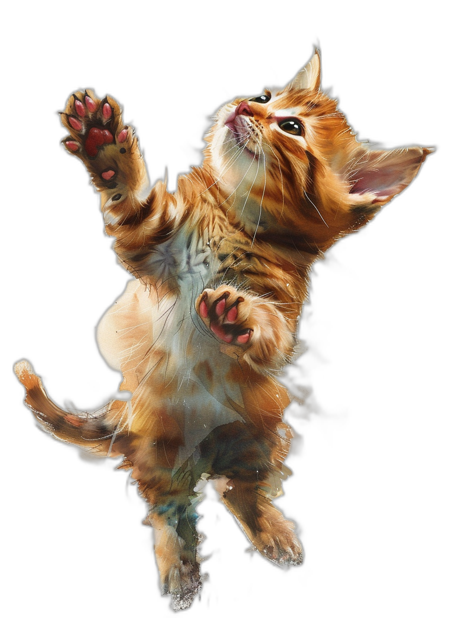 A realistic photo of an orange tabby kitten, jumping and playing with its paws in the air, full body shot, black background, high resolution, hyperrealistic, in the style of raw.