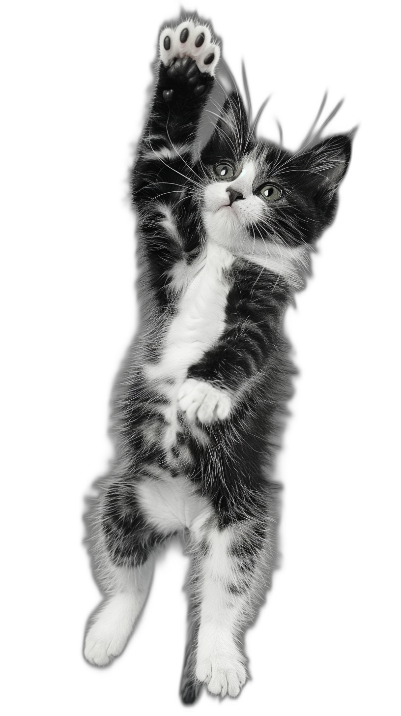 Black and white photo of cute kitten, playing with its paws in the air, isolated on black background, hyper realistic photography