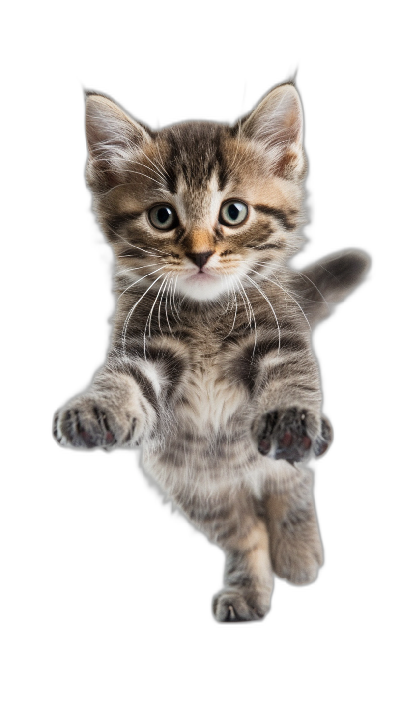 Cute kitten jumping, isolated on black background, detailed, high resolution photography