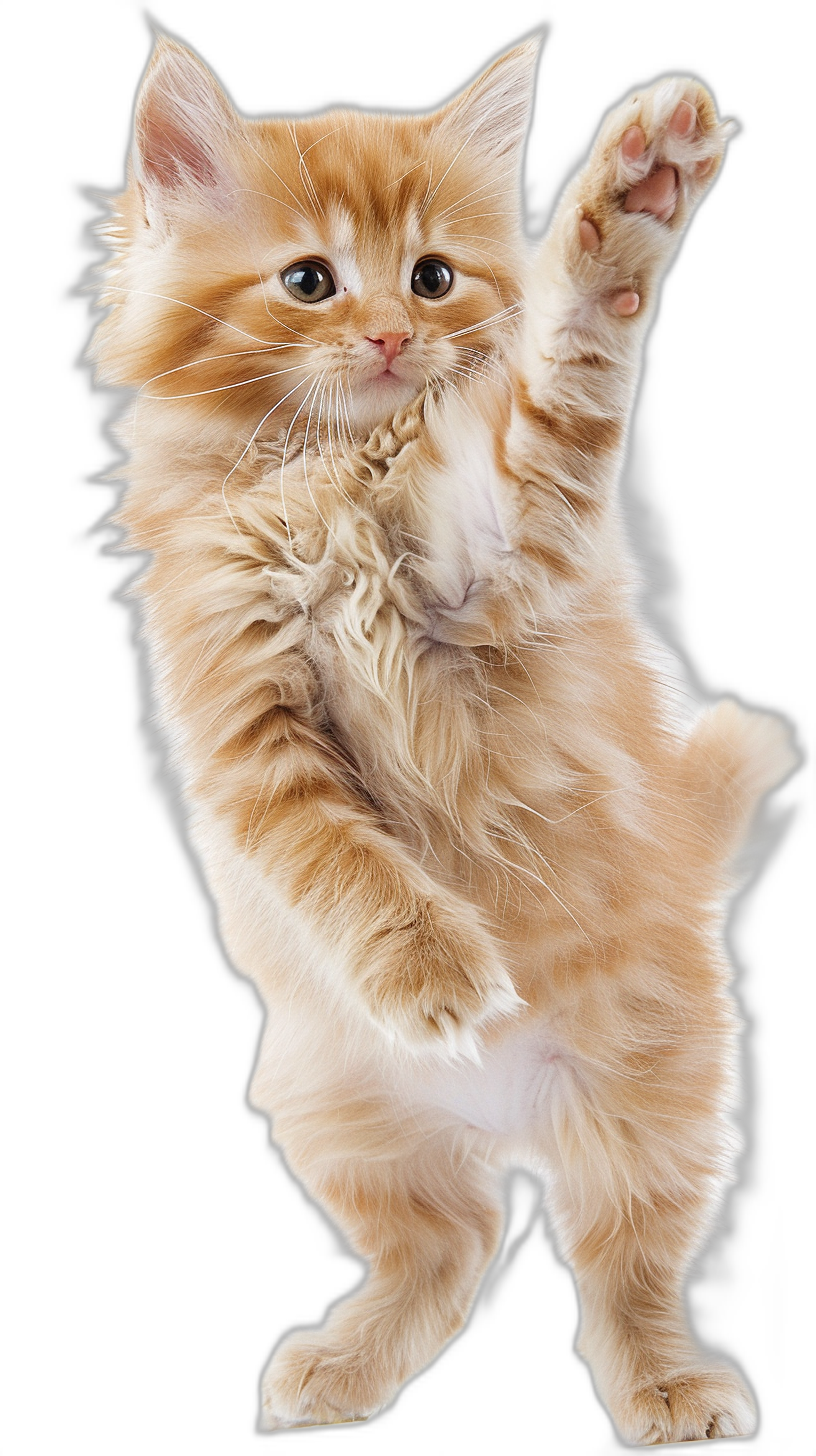 A full body shot of an adorable orange cat with white paws, jumping in the air and waving its paw, isolated on a black background, in an ultra realistic photographic style.