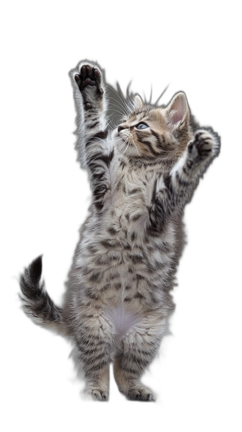 A gray and black tabby kitten standing on its hind legs, reaching up with one paw to touch the sky, black background, cute style, full body shot, high definition photography