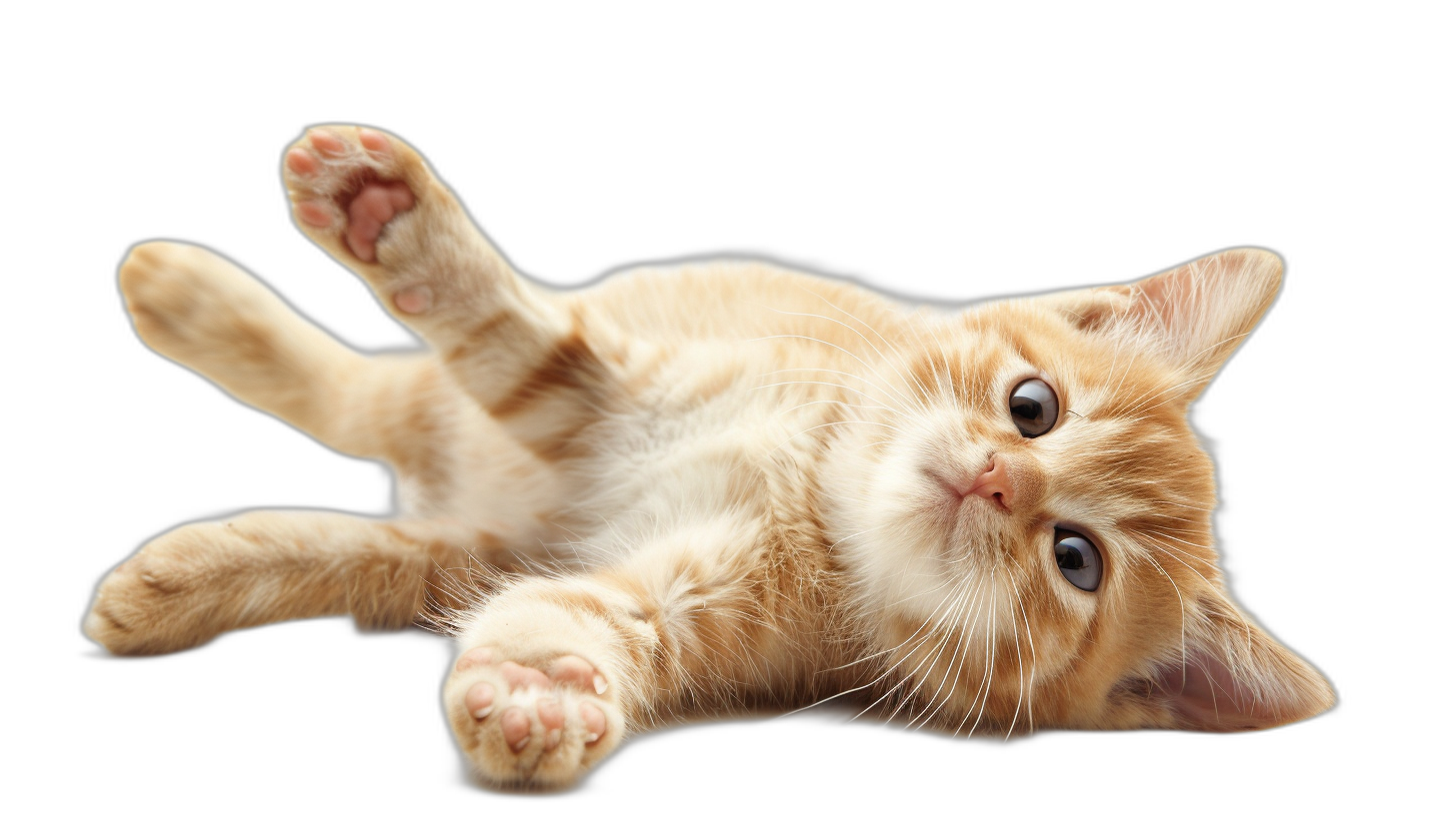 Cute orange cat lying on its back, paws up in the air, isolated black background, cute and funny, high definition photography