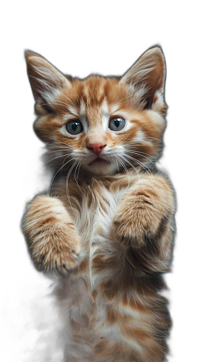 Cute orange and white kitten in a hands up pose against a black background in a studio photography portrait shot in the style of hyper realistic with soft light and high resolution photography with depth of field.