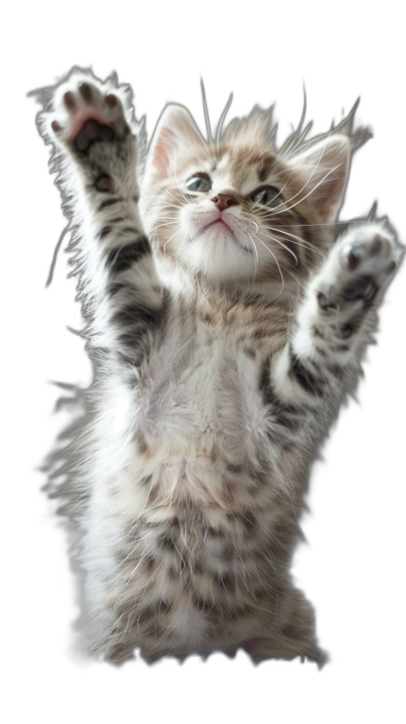 A cute kitten standing on its hind legs, arms raised in the air with paws outstretched against a black background in the style of high definition photography.