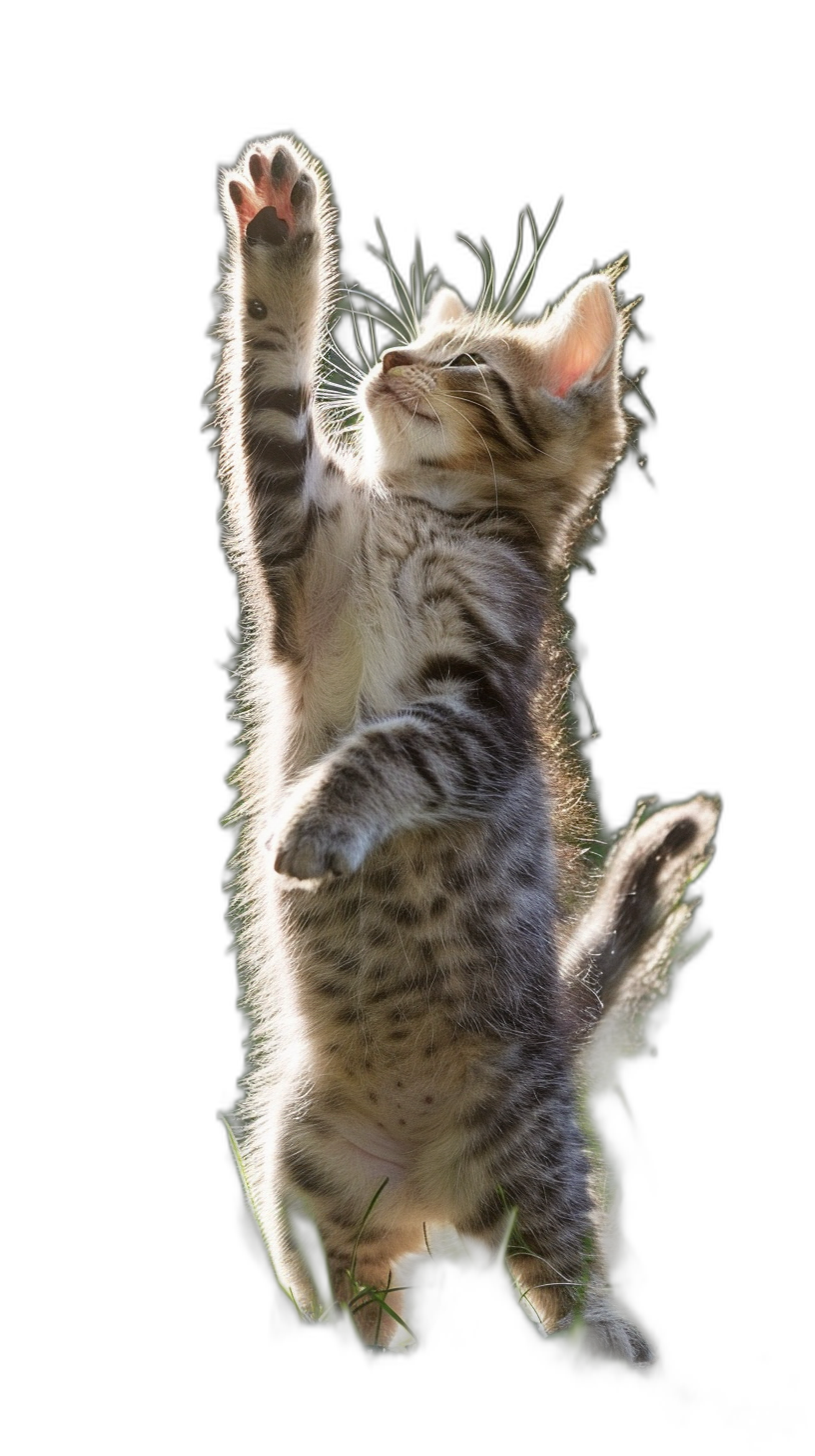 A cute kitten, jumping in the air with its back to us and paws raised high, against a black background, shown from the front, in the style of photography, with high definition.