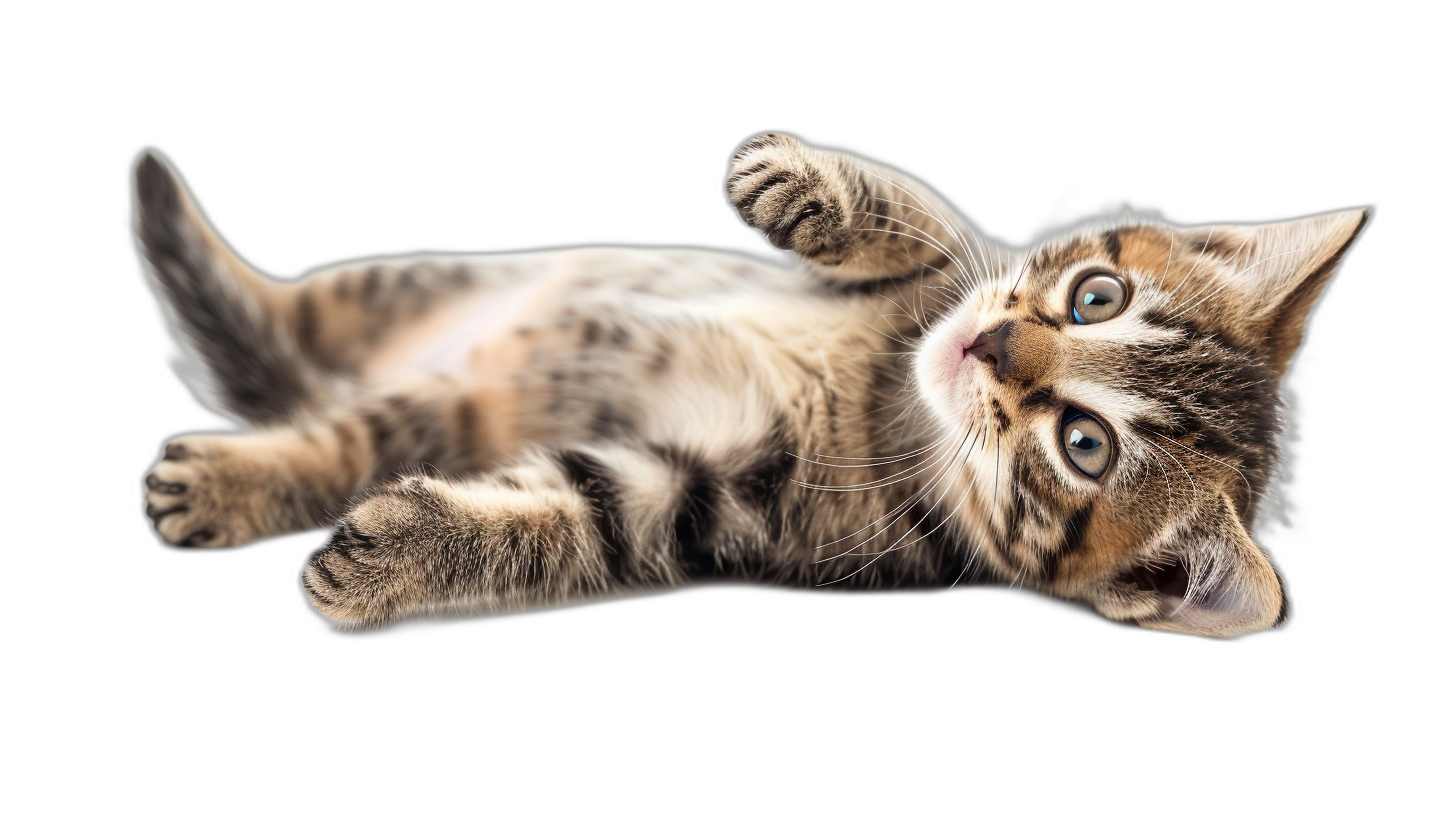 A cute little kitten lying on its back, playing with its paws in the air on an isolated black background, in the style of hyperrealistic high definition photography.